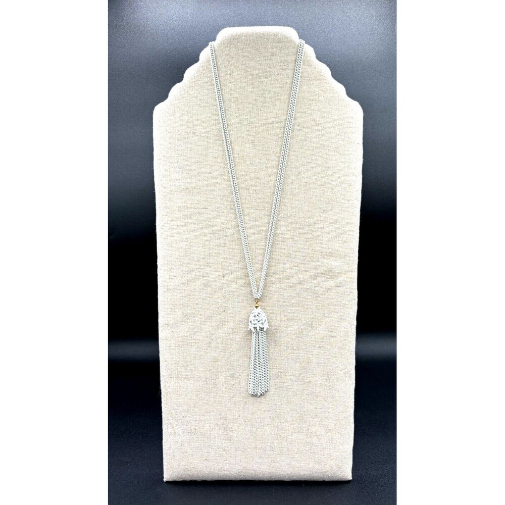 Vintage Monet White Enamel over Metal Chain Necklace‎ with Tassel Signed 24in